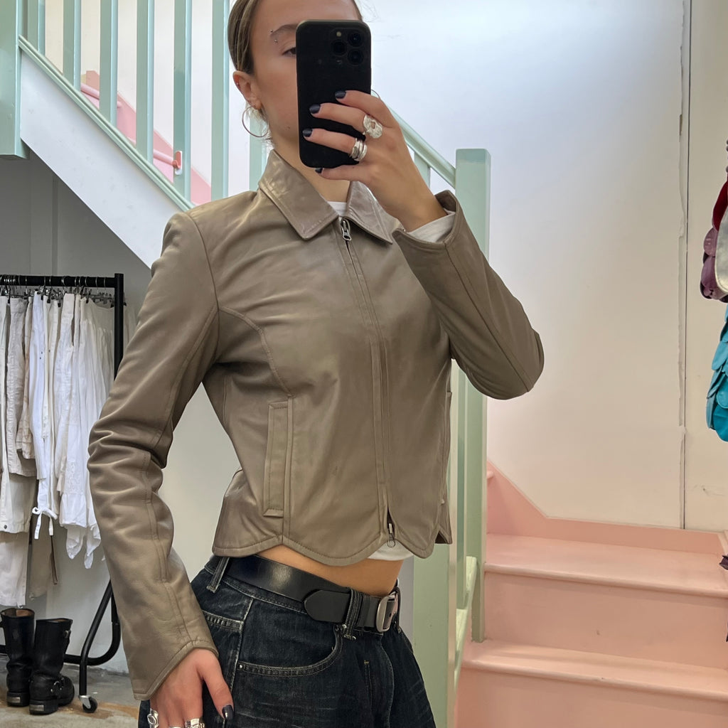 Brown scallop hem leather zip up jacket