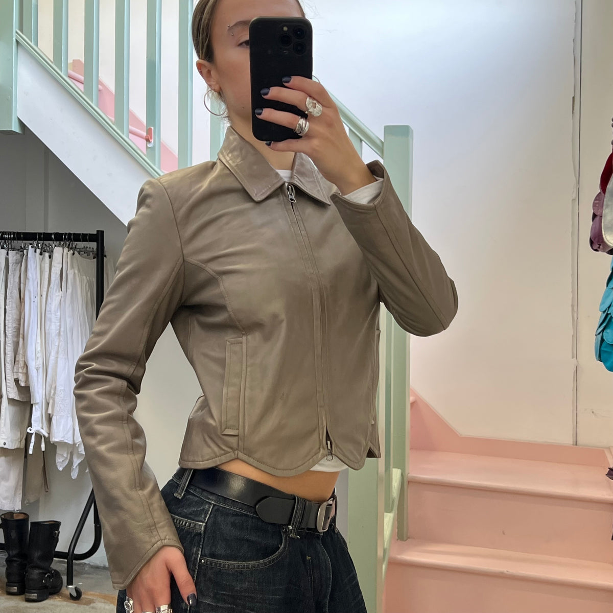 Brown scallop hem leather zip up jacket