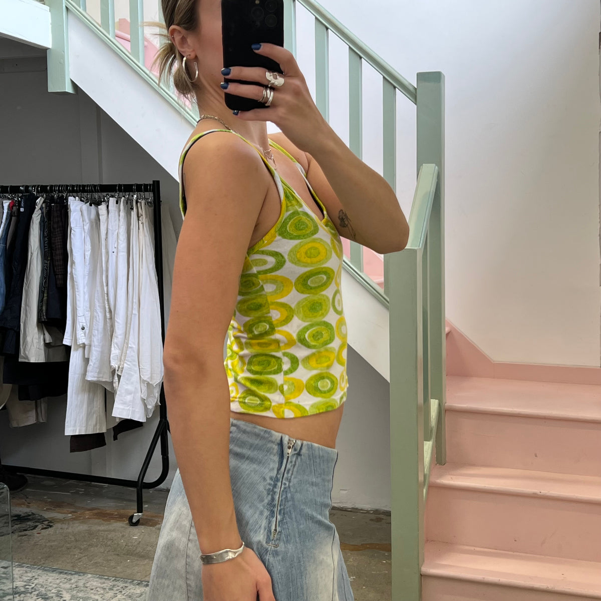 Green and yellow geo print cami