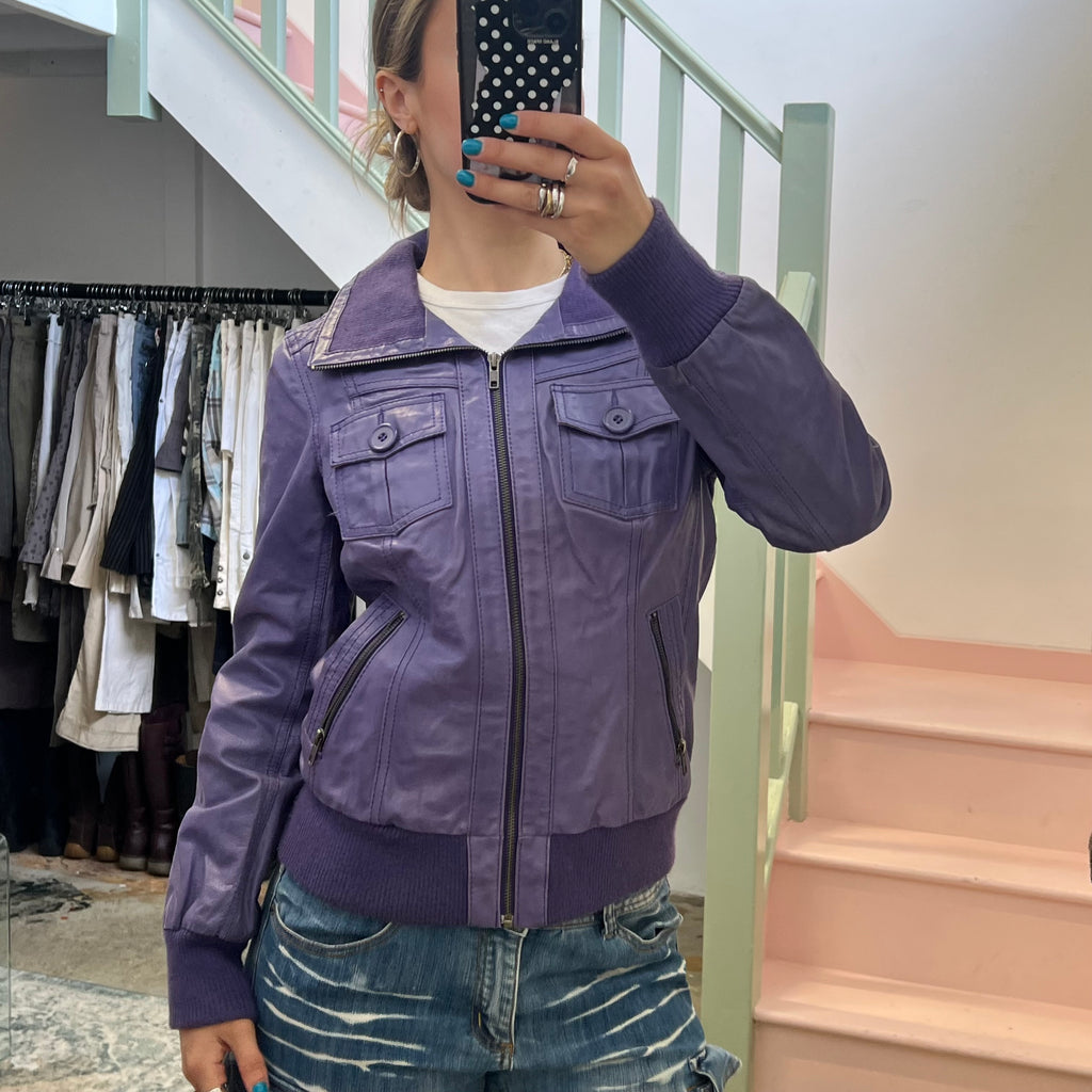Purple leather zip up bomber jacket