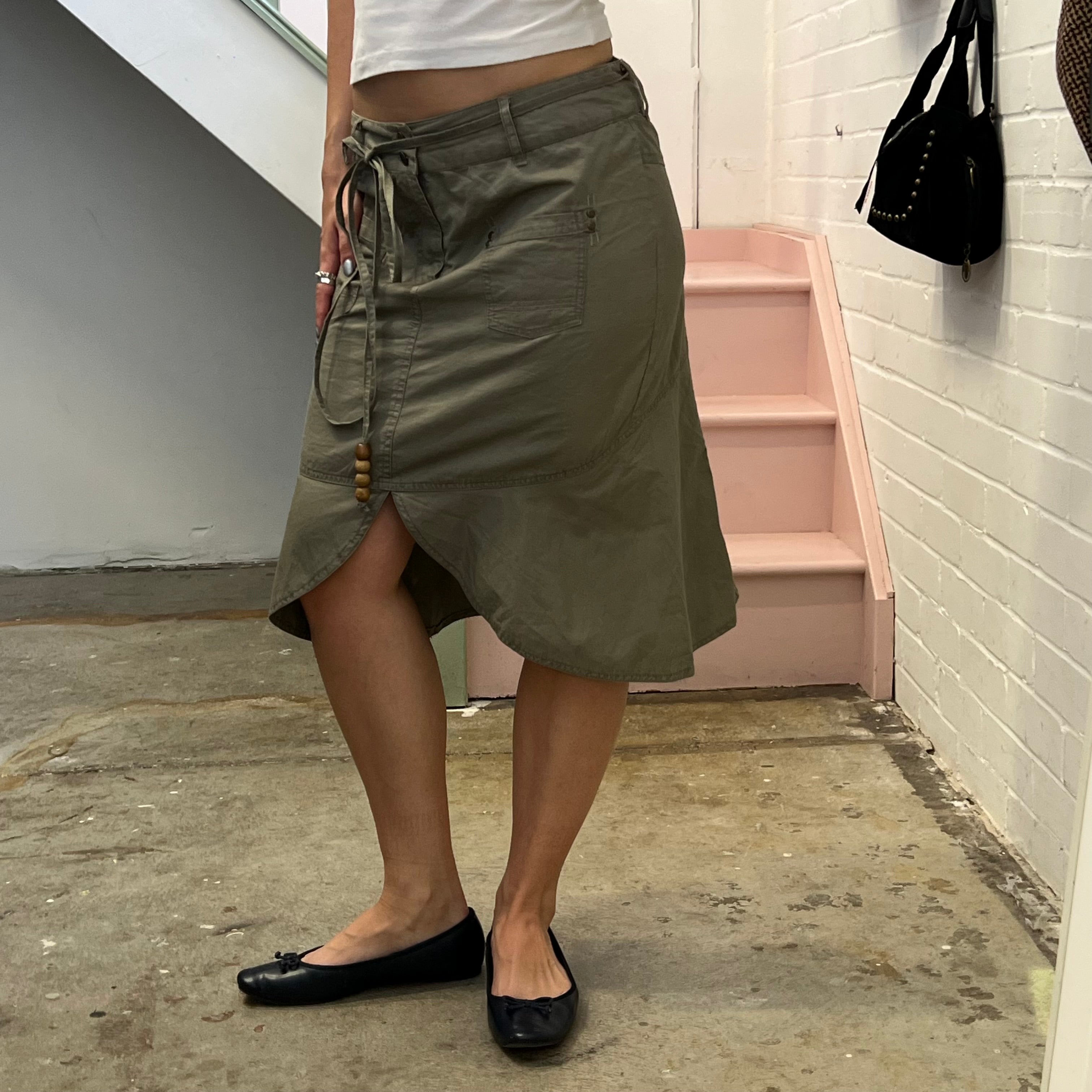 Khaki asymmetrical midi skirt with tie waist
