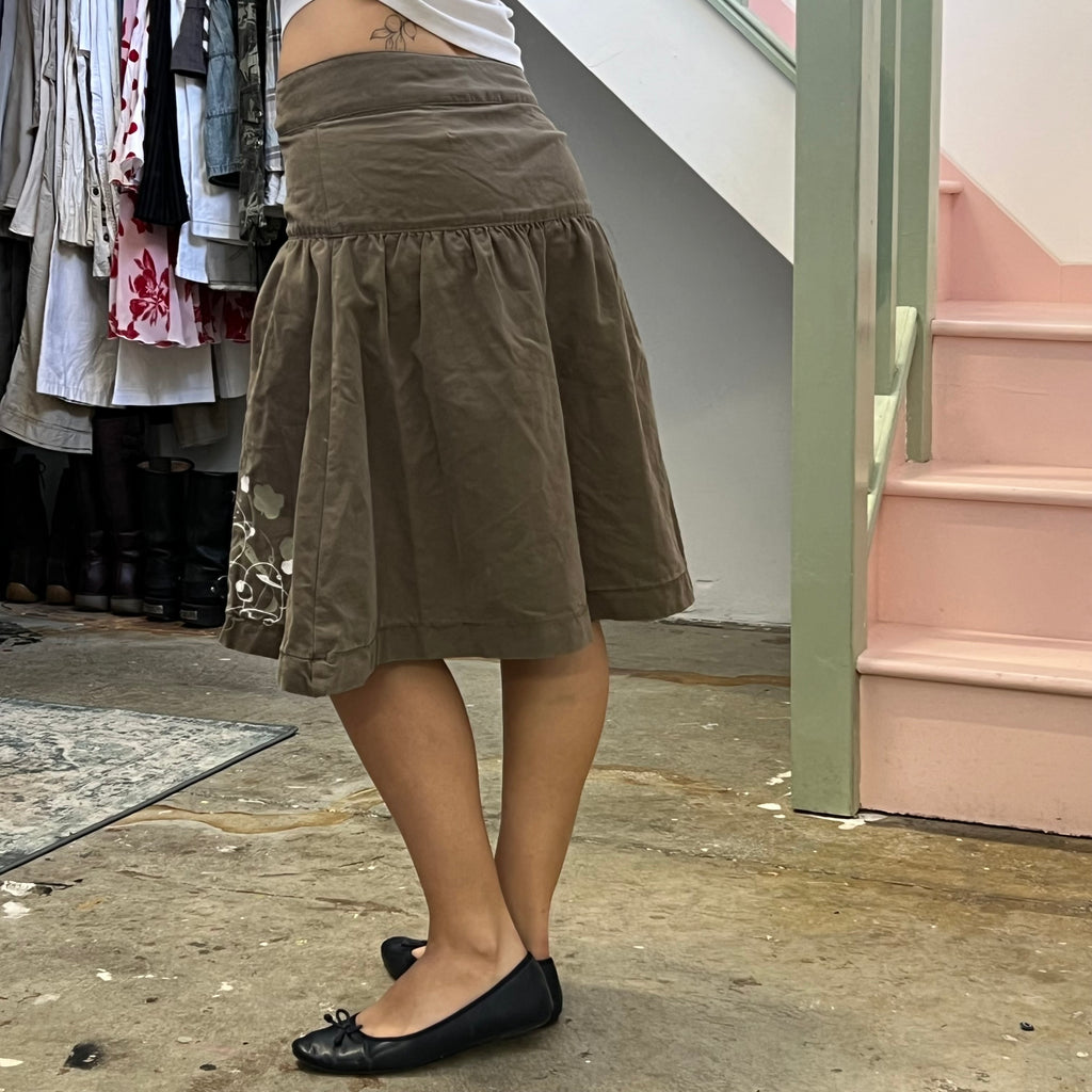 Khaki puffy printed midi skirt