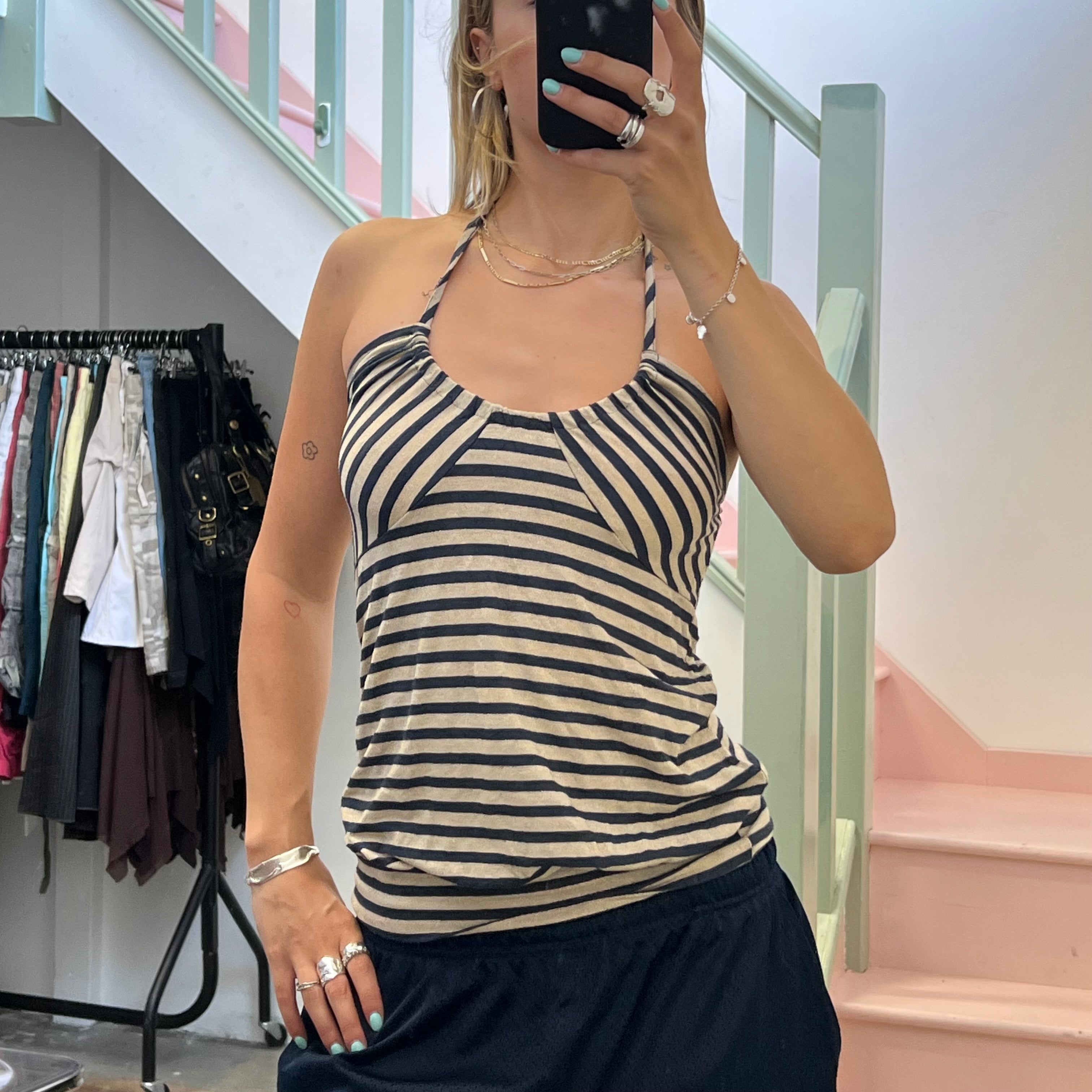 Navy and cream striped slouchy halter neck top