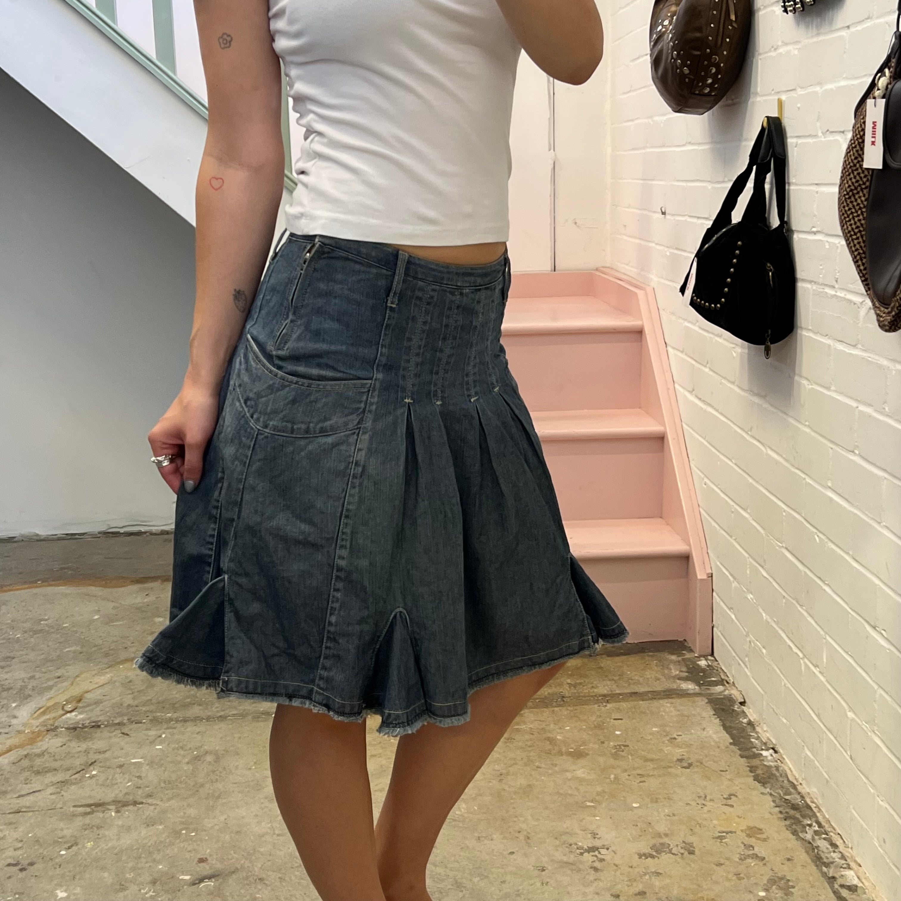 Dark denim pleated midi skirt