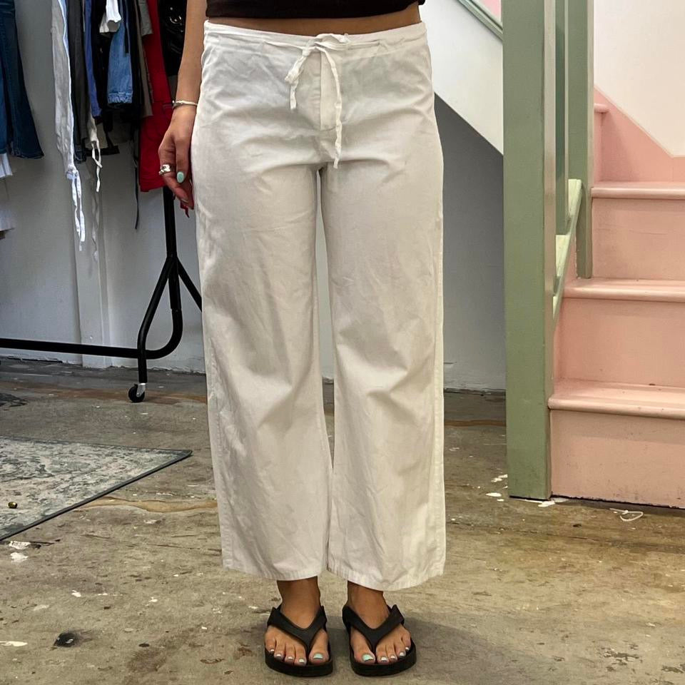 White wide leg tie waist trousers
