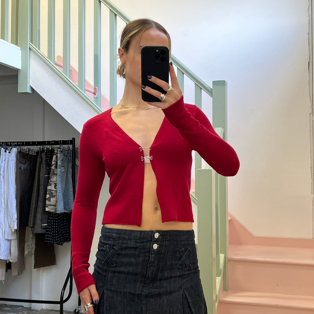 Red hook and eye cardigan