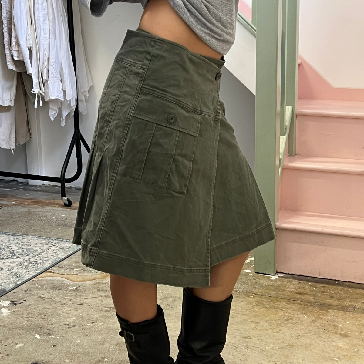 Sisley khaki pleated wrap around skirt