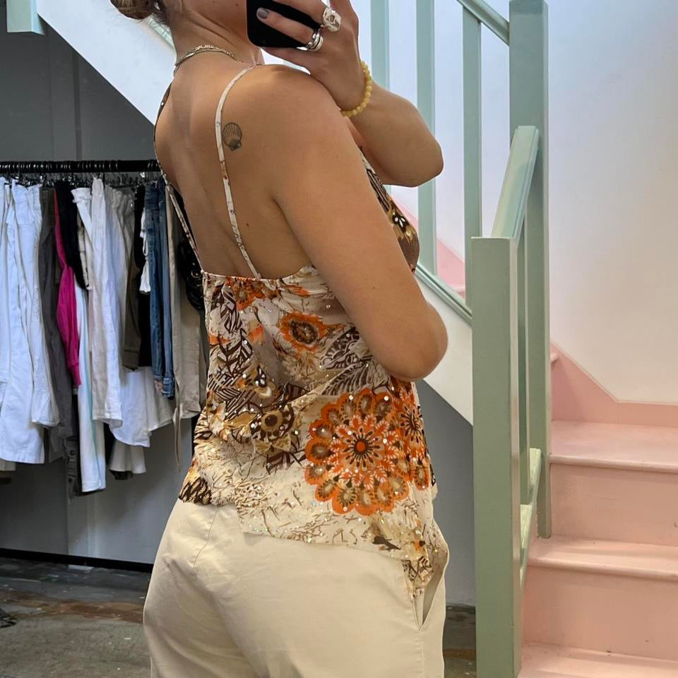 Brown and orange mesh printed cami