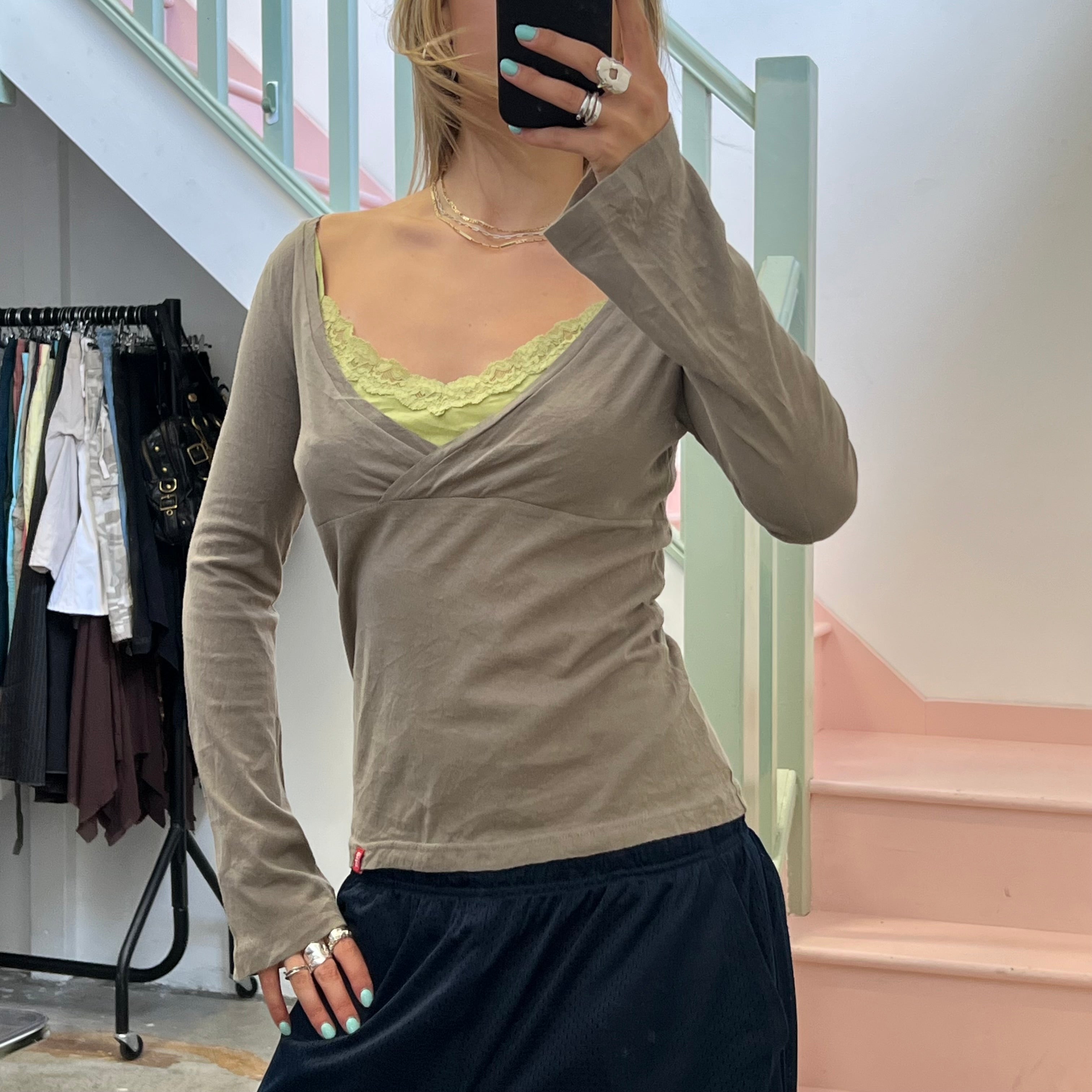 Esprit brown and green long sleeve layered top