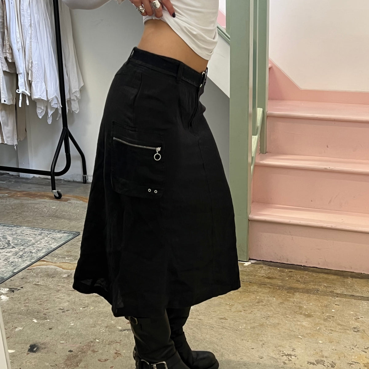 Black linen cargo maxi skirt