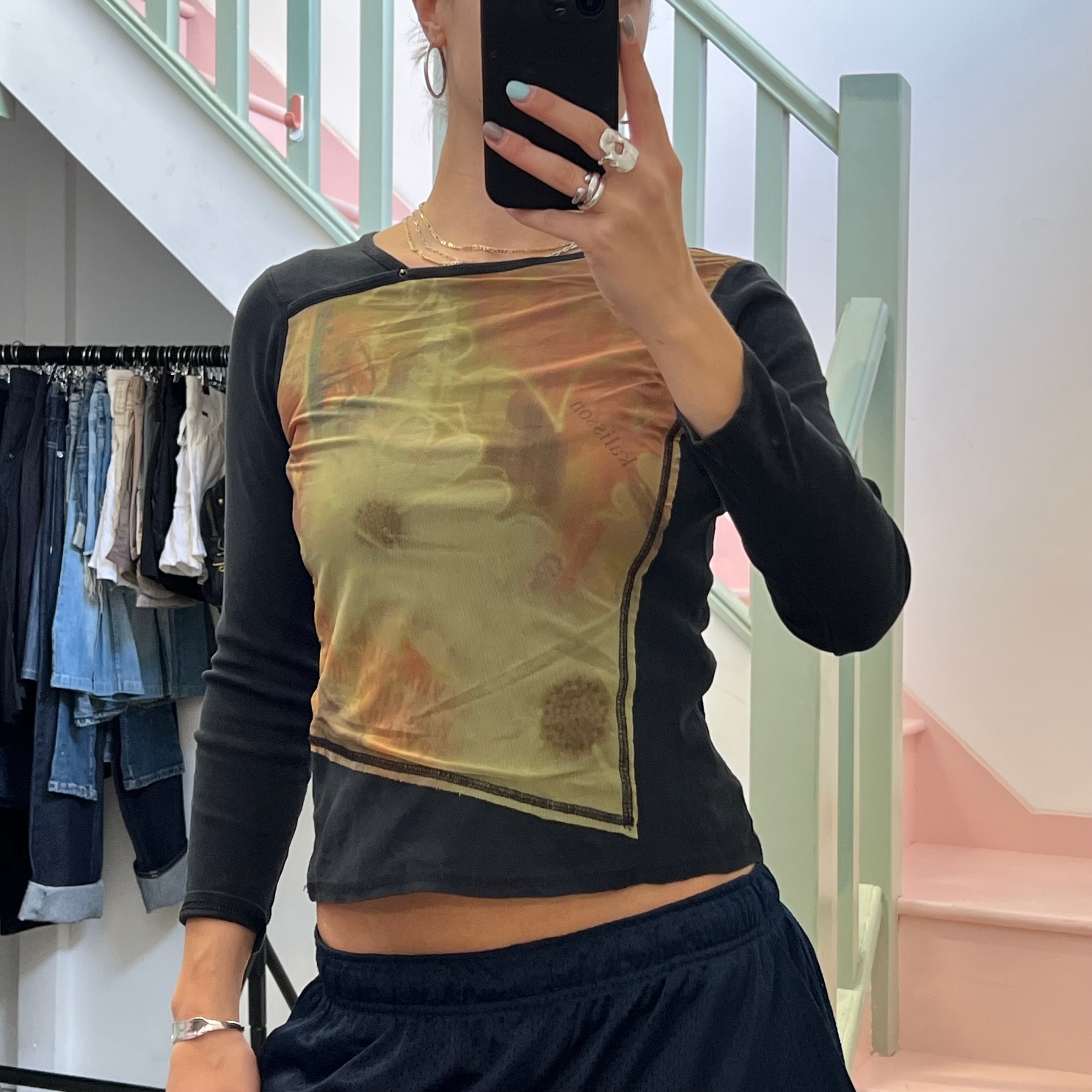 Black and khaki mesh panel top