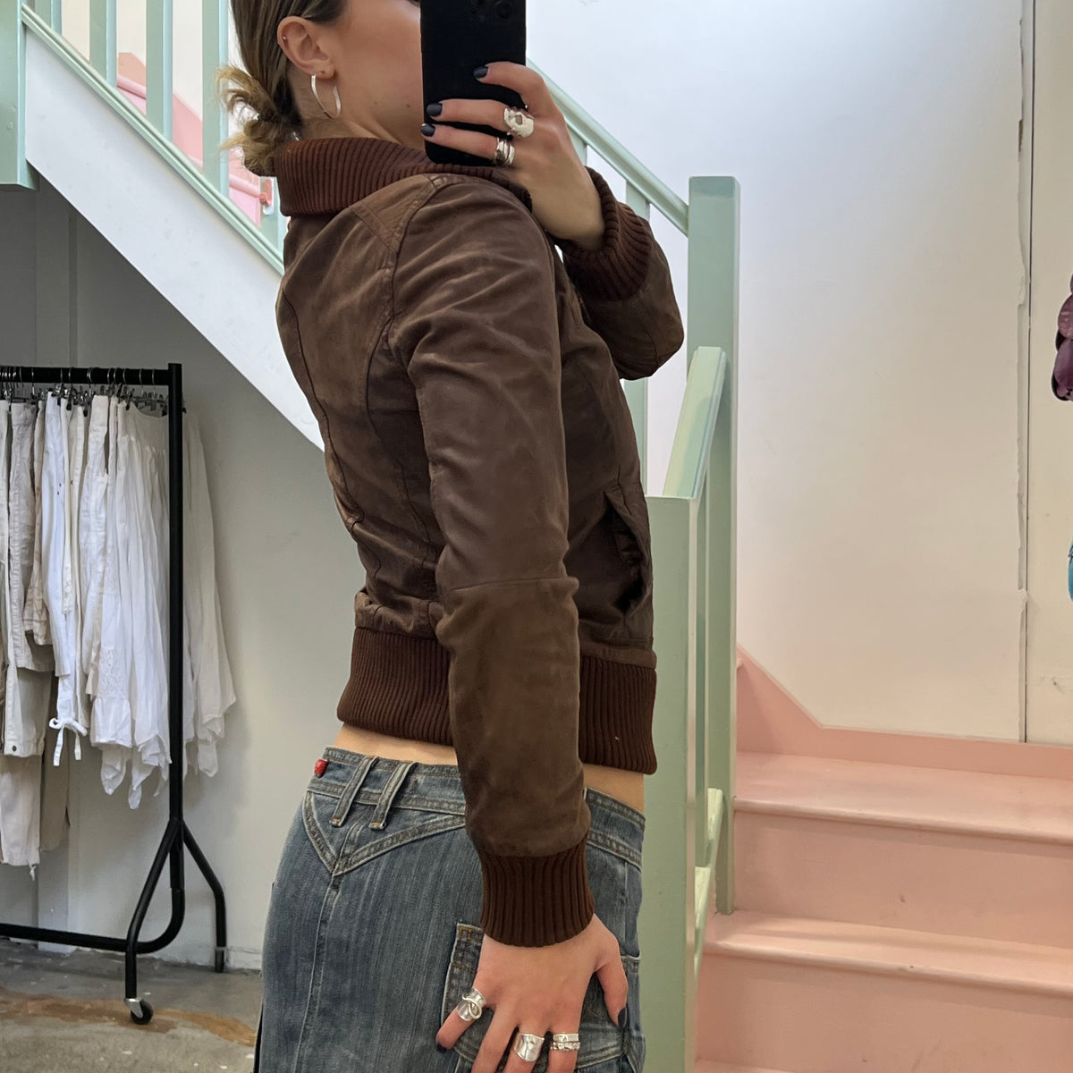 Brown leather bomber jacket