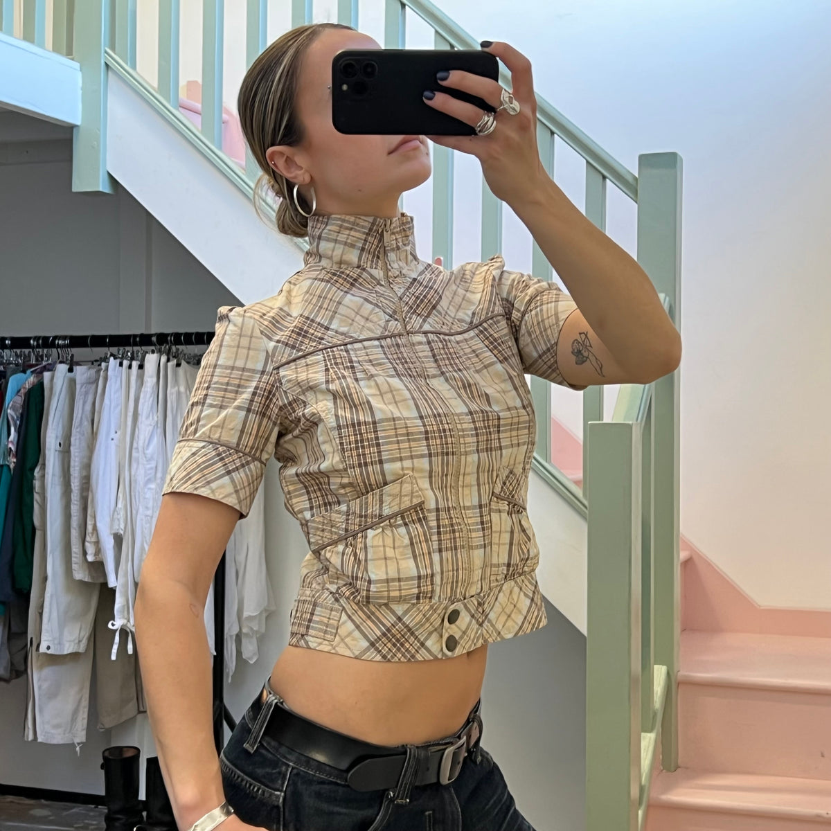 Cream and brown check short sleeve utility jacket