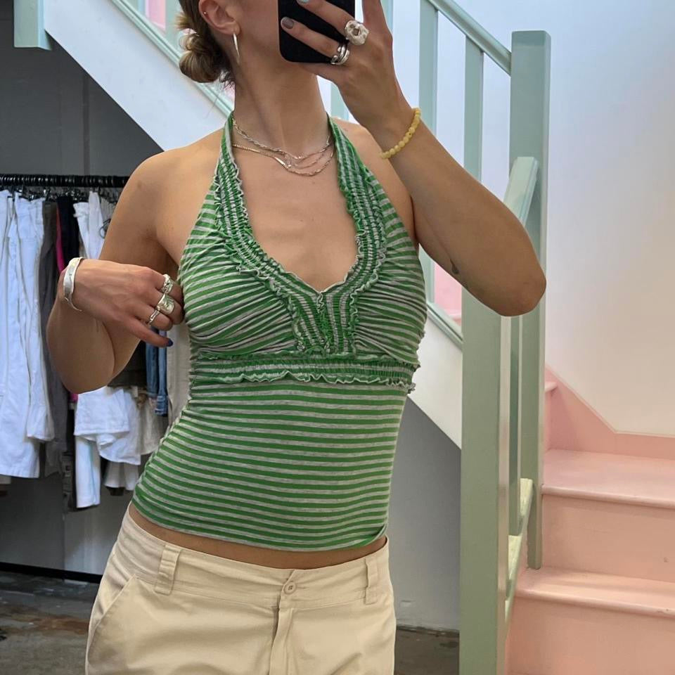 Green and grey striped halter-neck vest