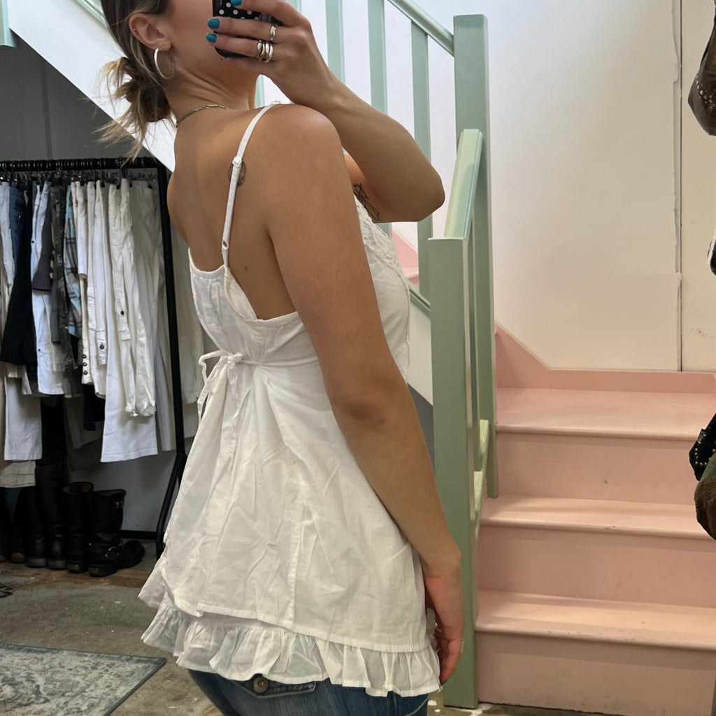 White cotton floaty tie back vest