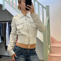 White leather bomber jacket with fitted waist