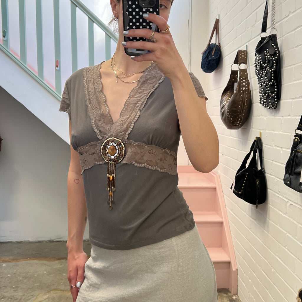 Grey lace trim beaded top