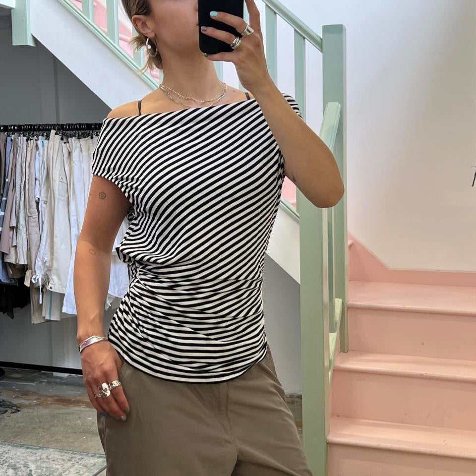 Striped off shoulder slouchy tie waist top