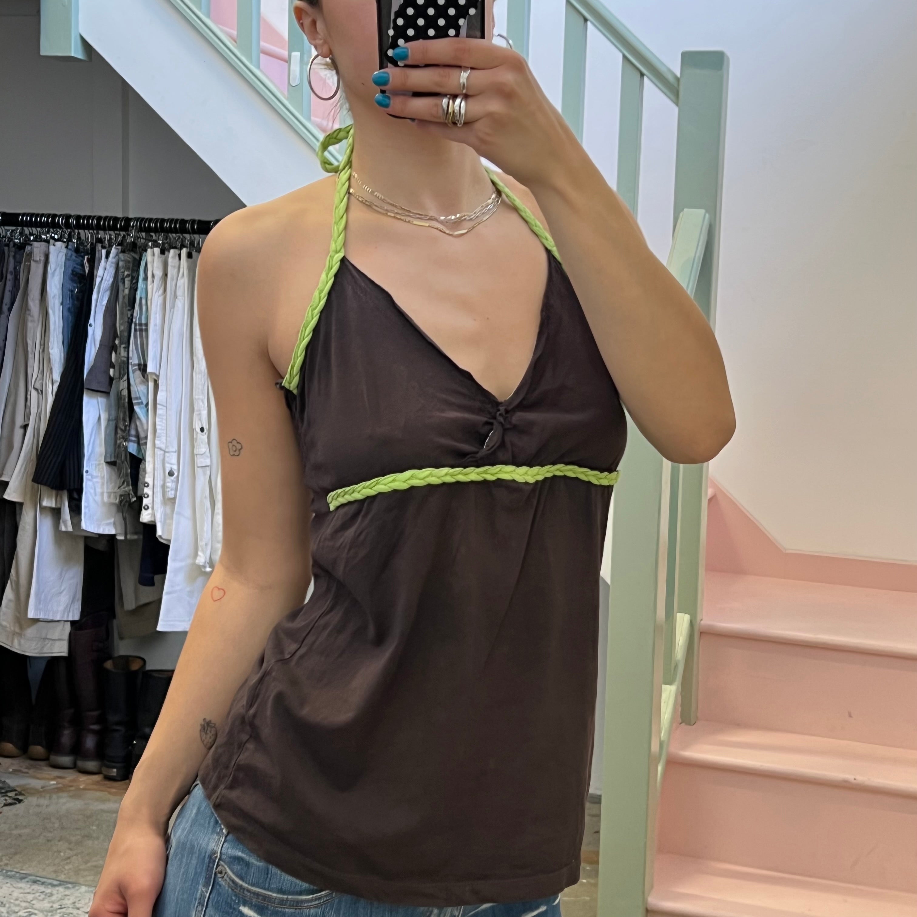 Brown and lime green halterneck vest