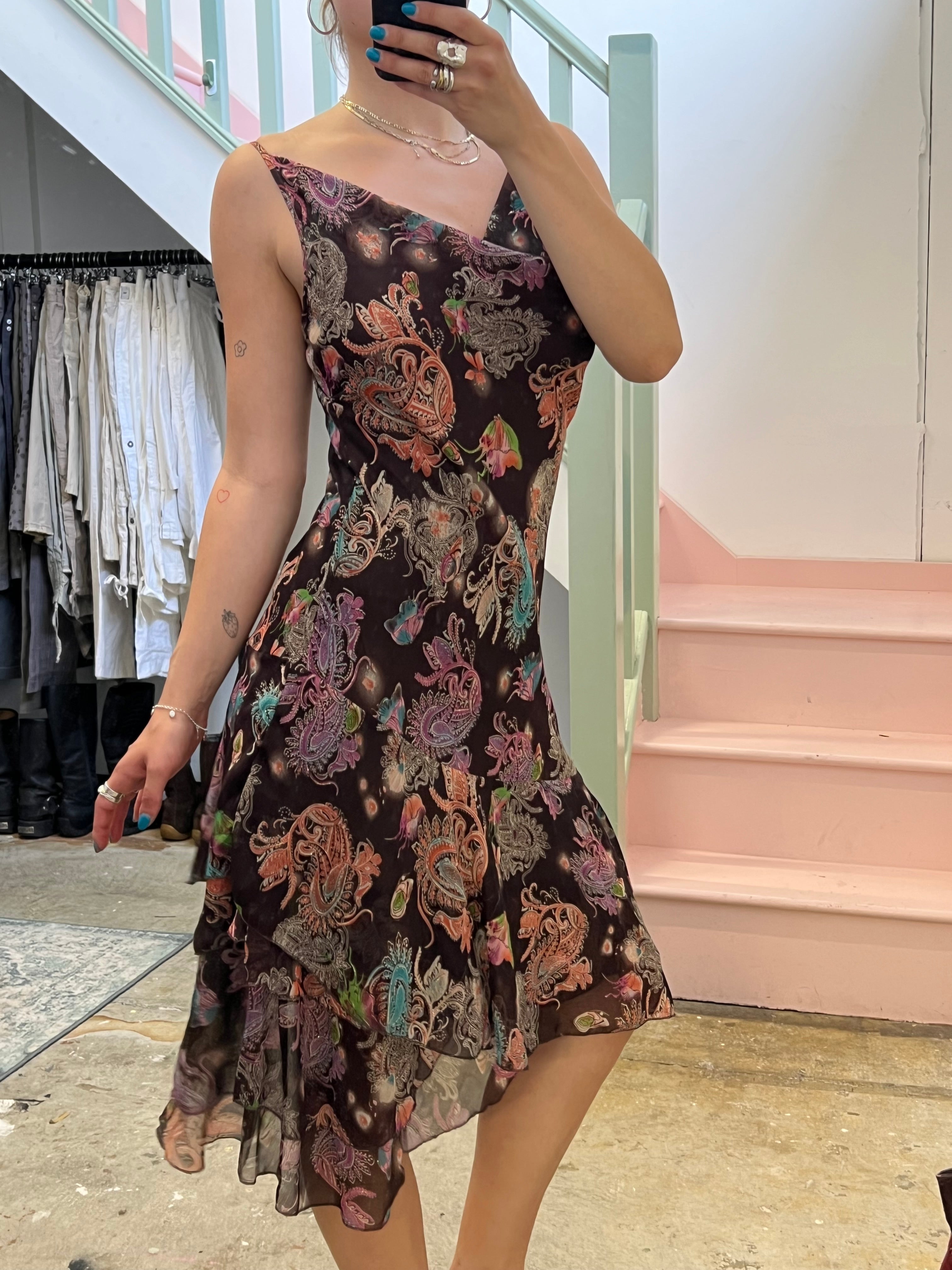 Brown paisley cowl neck asymmetrical slip dress