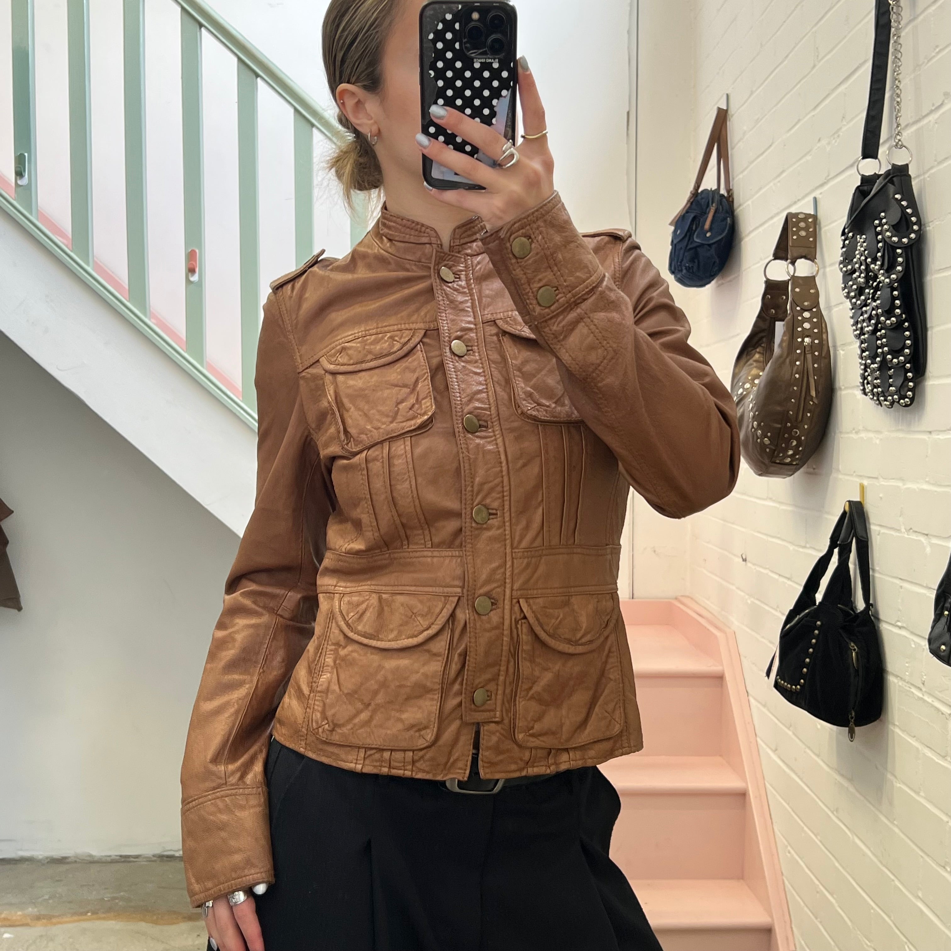 Brown tan button up fitted leather jacket
