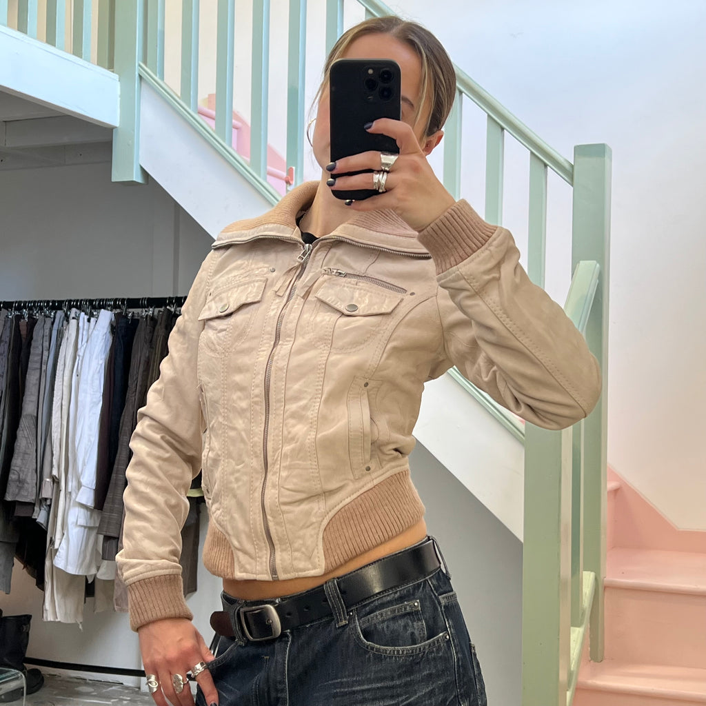 Cream fitted leather bomber jacket