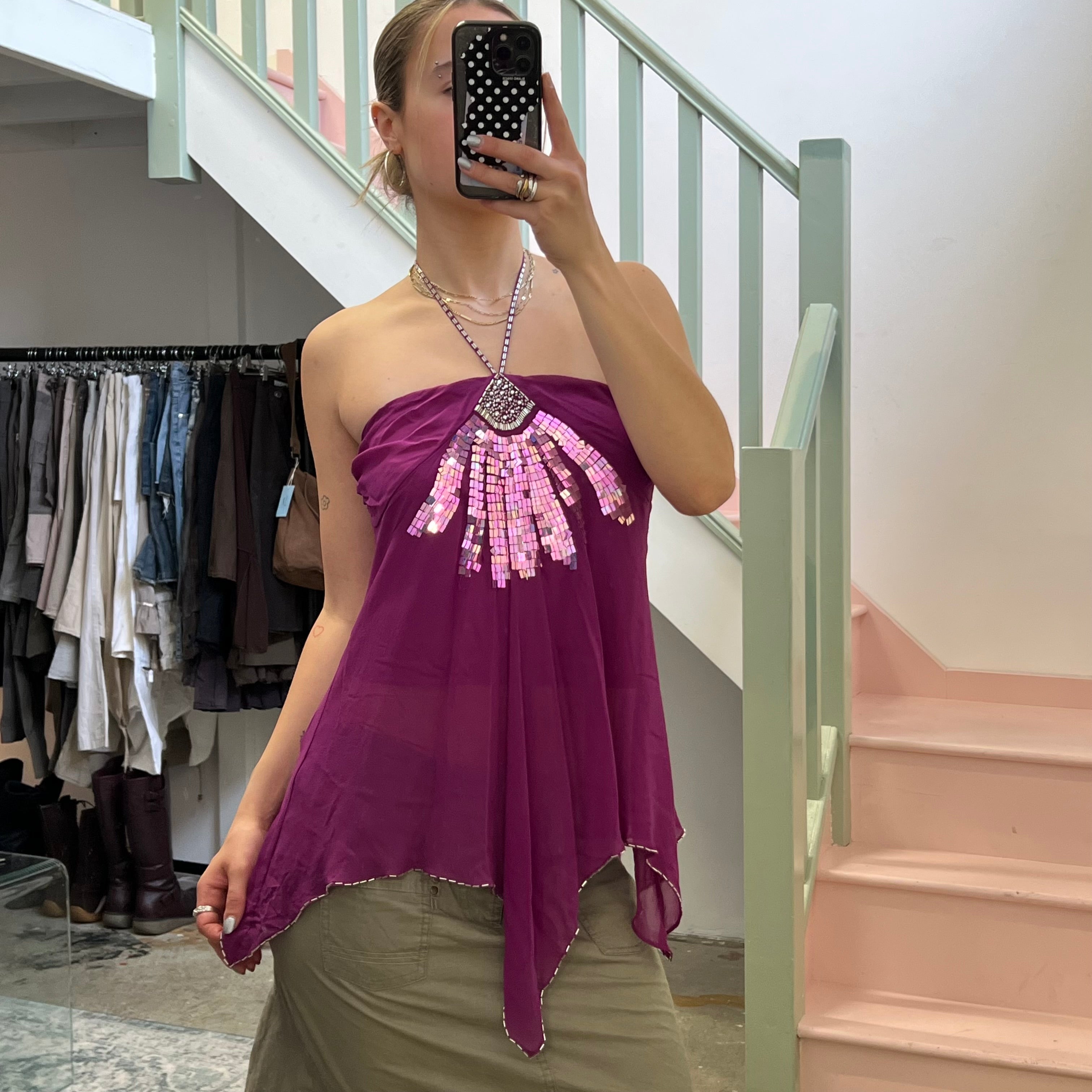 Fuchsia halterneck asymmetrical beaded floaty blouse