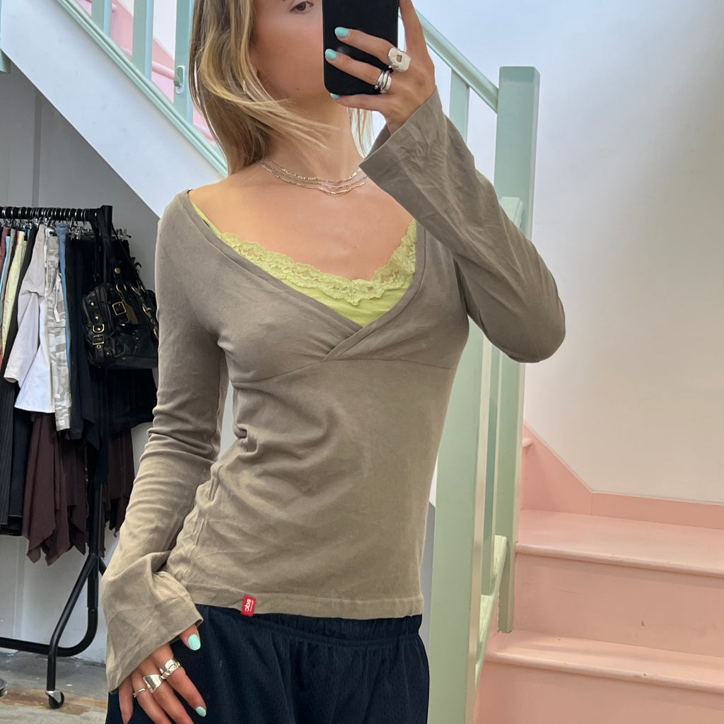 Esprit brown and green long sleeve layered top