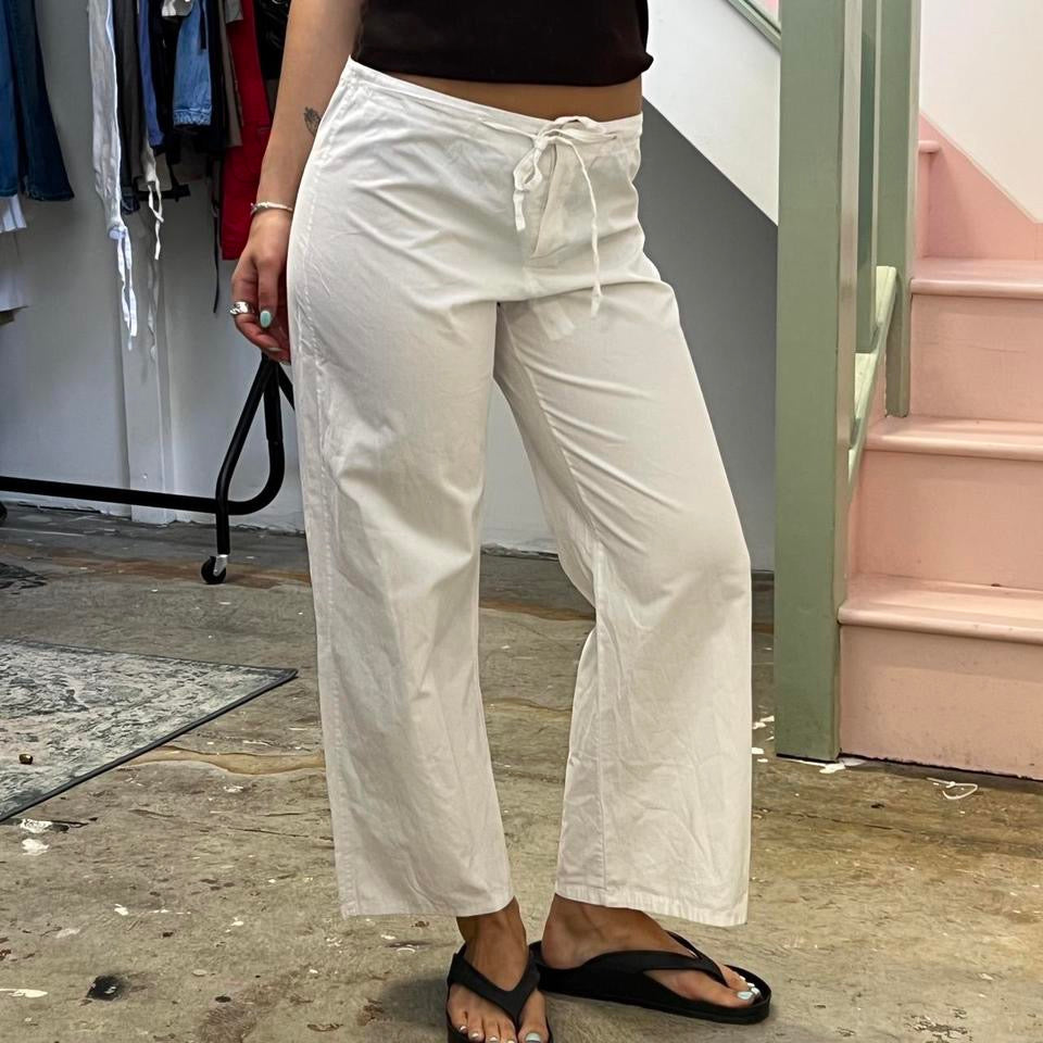White wide leg tie waist trousers