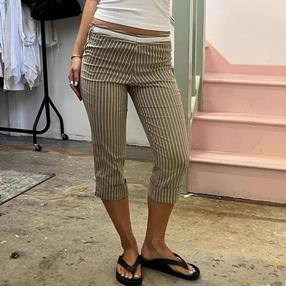 Cream and white pinstripe slim fit capris
