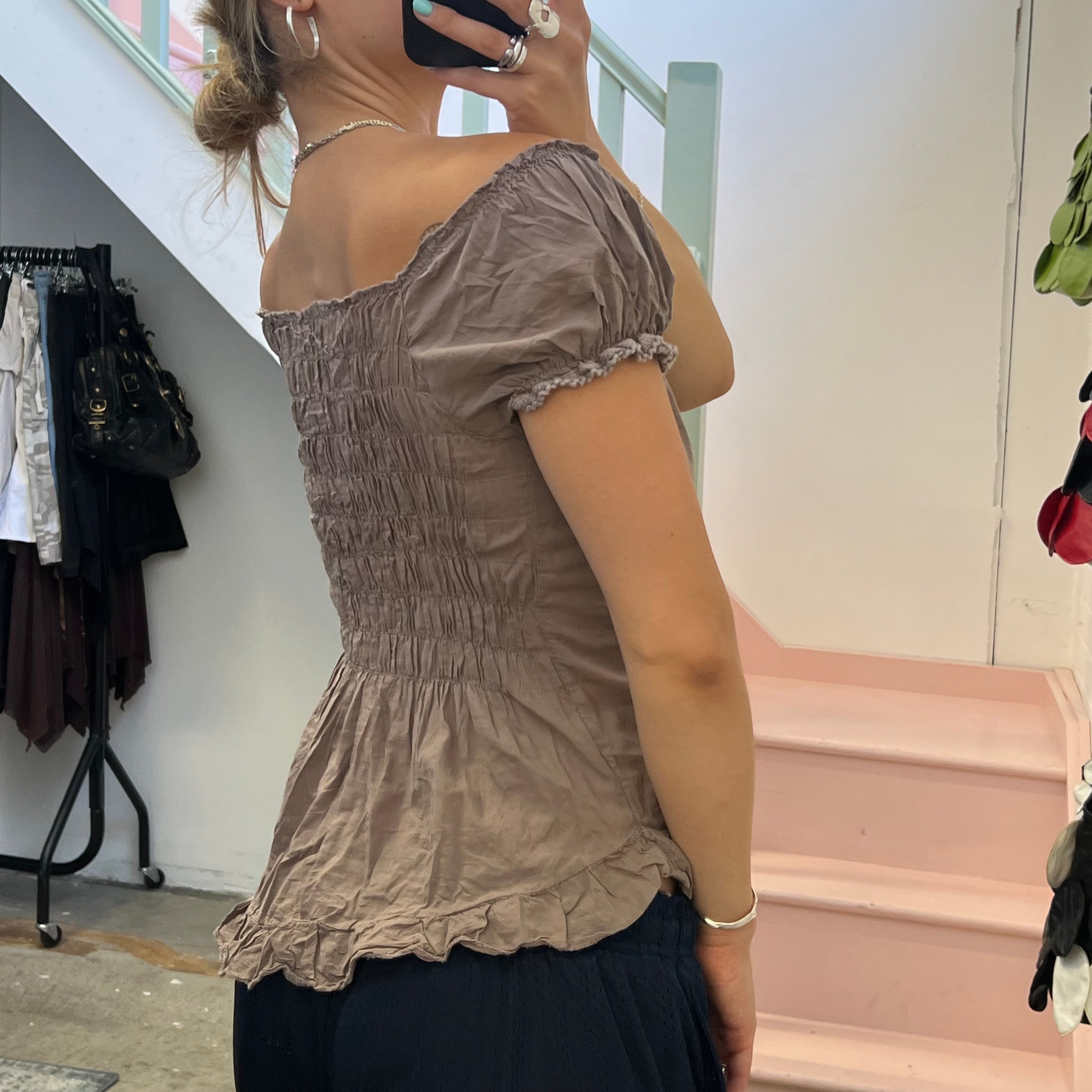 Brown lace up off shoulder corset top
