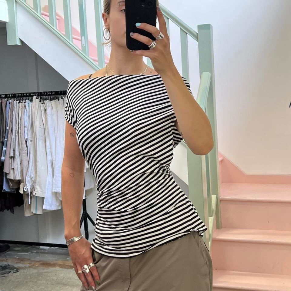 Striped off shoulder slouchy tie waist top