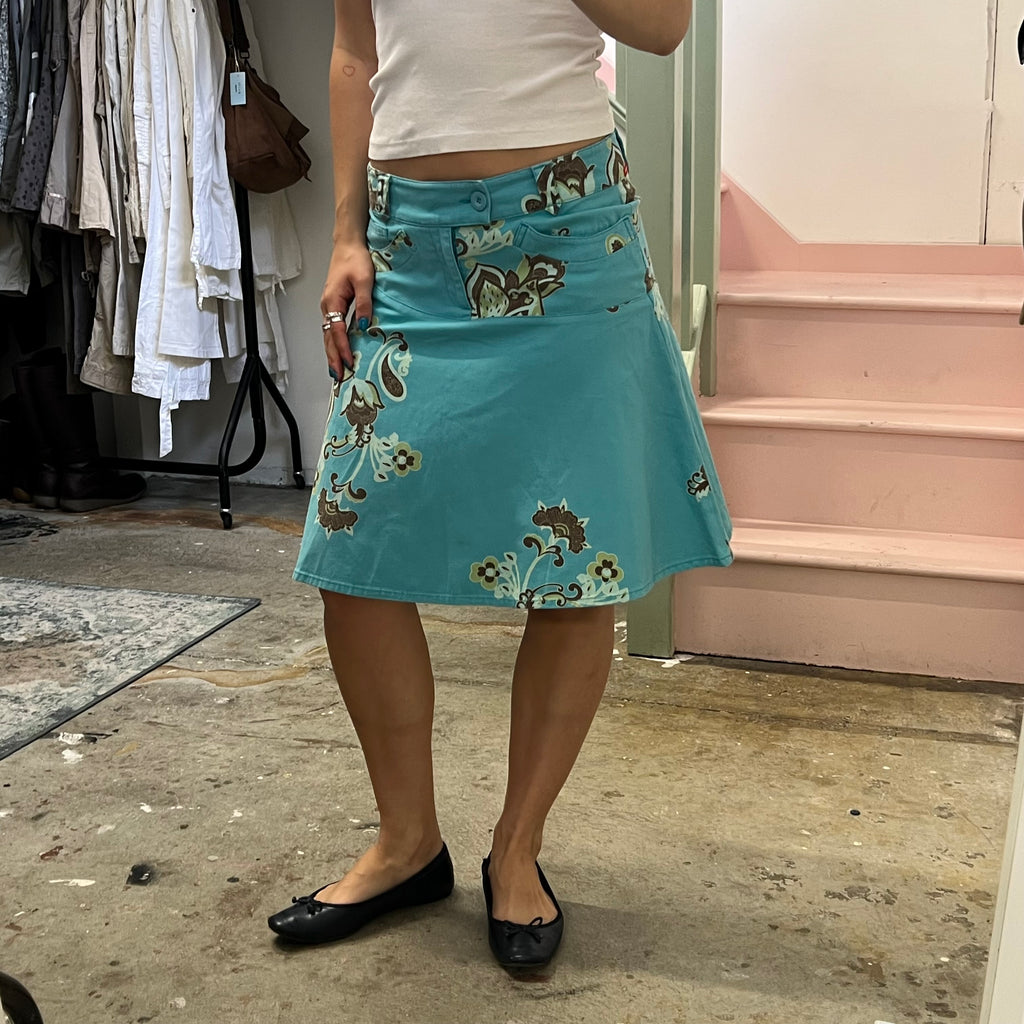 Blue and green denim paisley print midi skirt