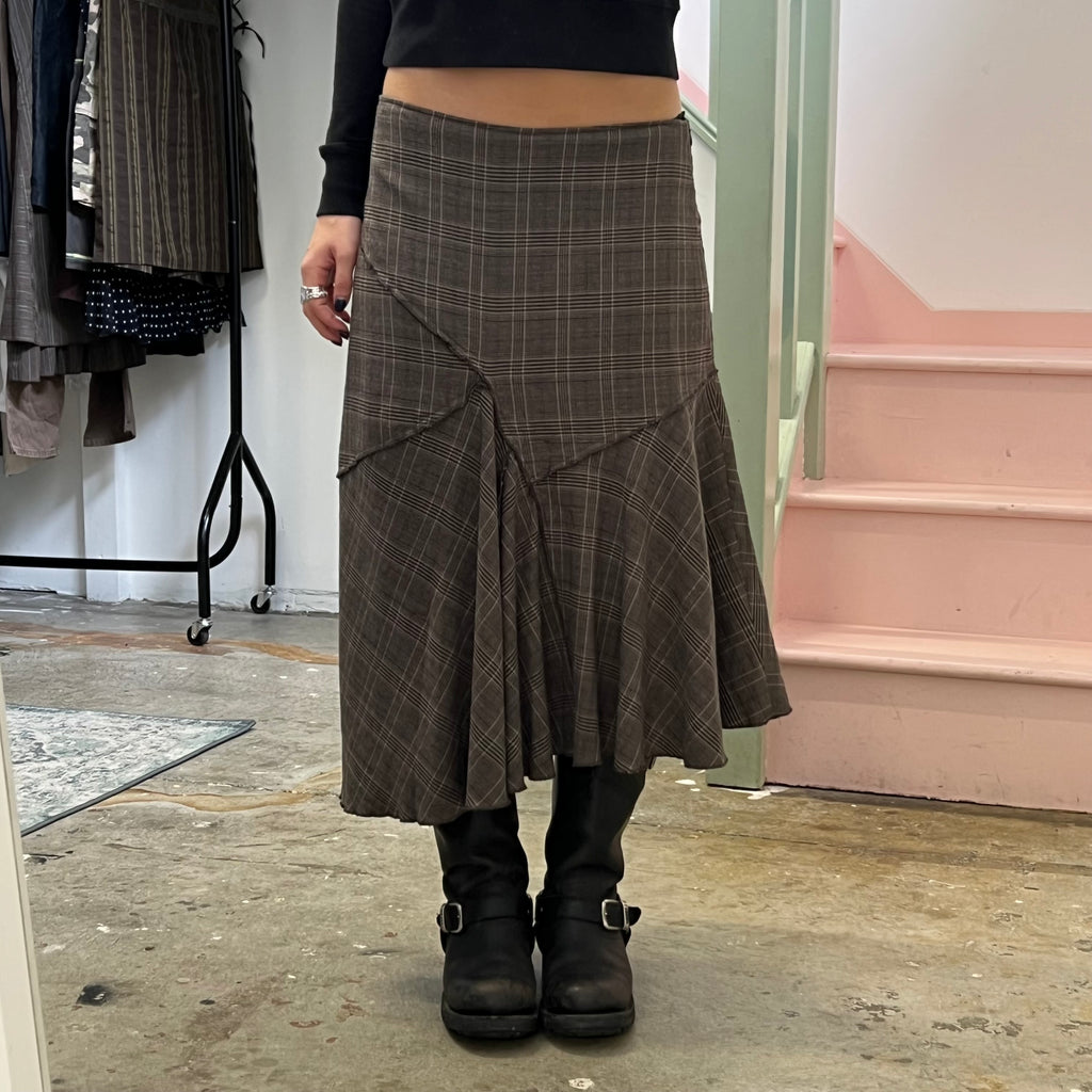 Brown check asymmetrical maxi skirt