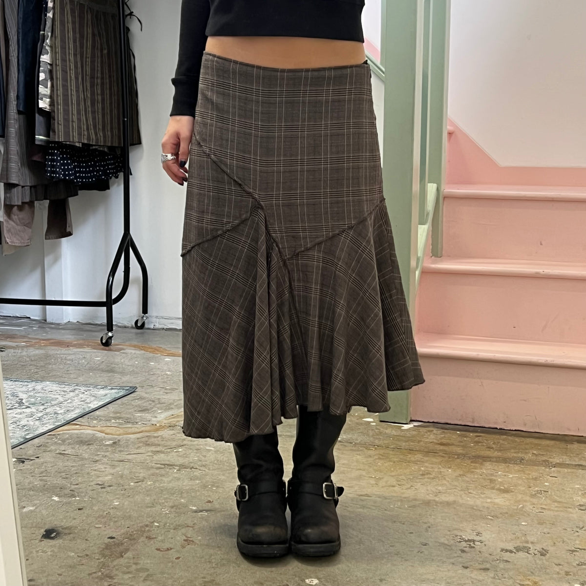 Brown check asymmetrical maxi skirt