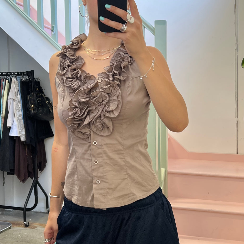 Brown ruffle button up vest