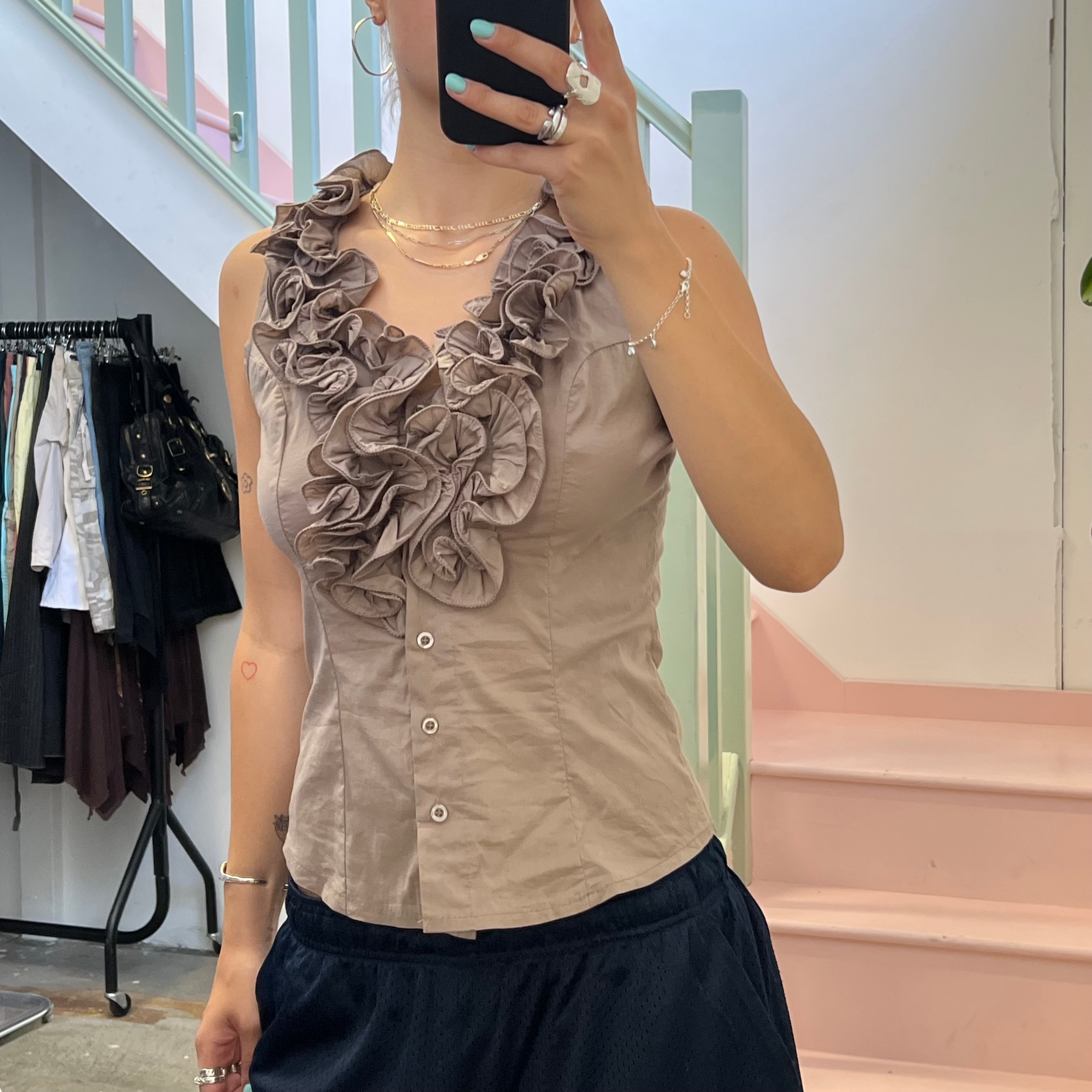 Brown ruffle button up vest