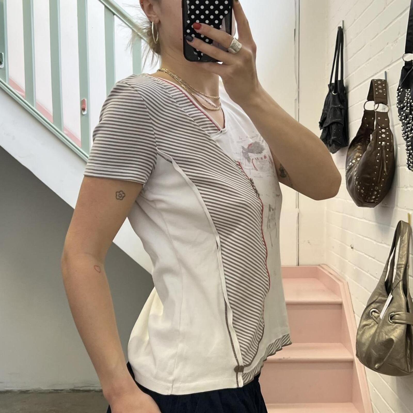 white and red graphic print vintage short sleeve archival top