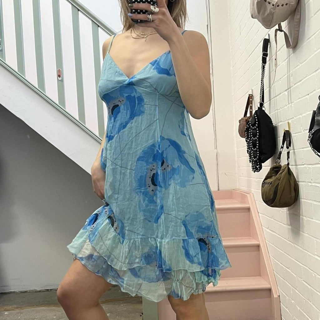 Blue silk floaty printed vintage slip dress