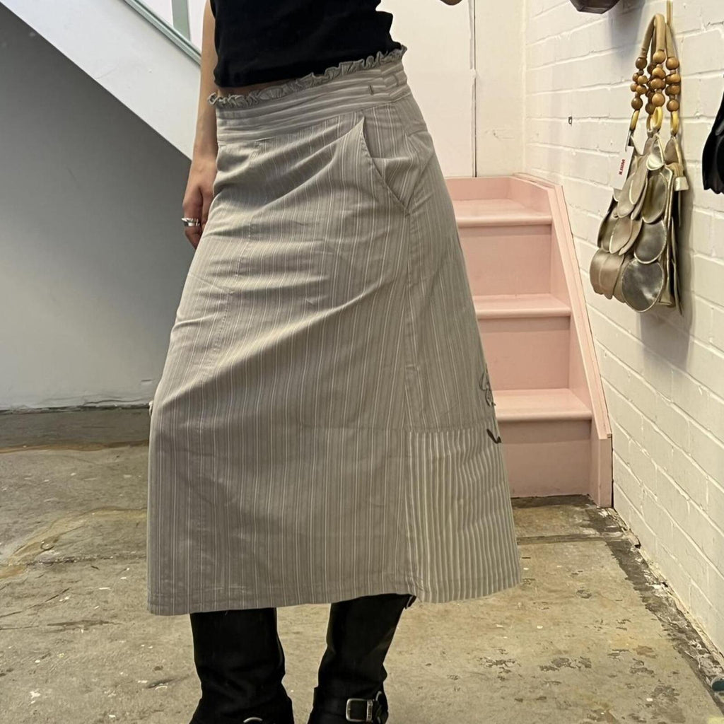 cream and grey pinstripe vintage maxi skirt with floral embroidery