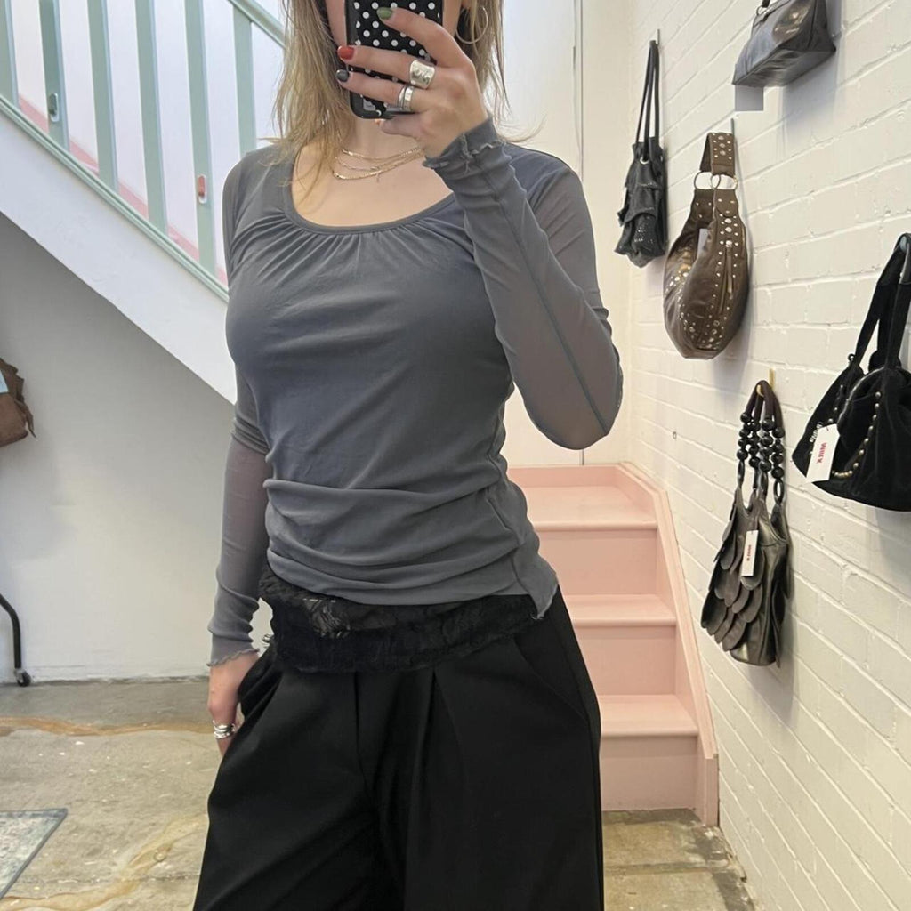 Grey mesh long sleeve ruched fitted top with black lace under layer
