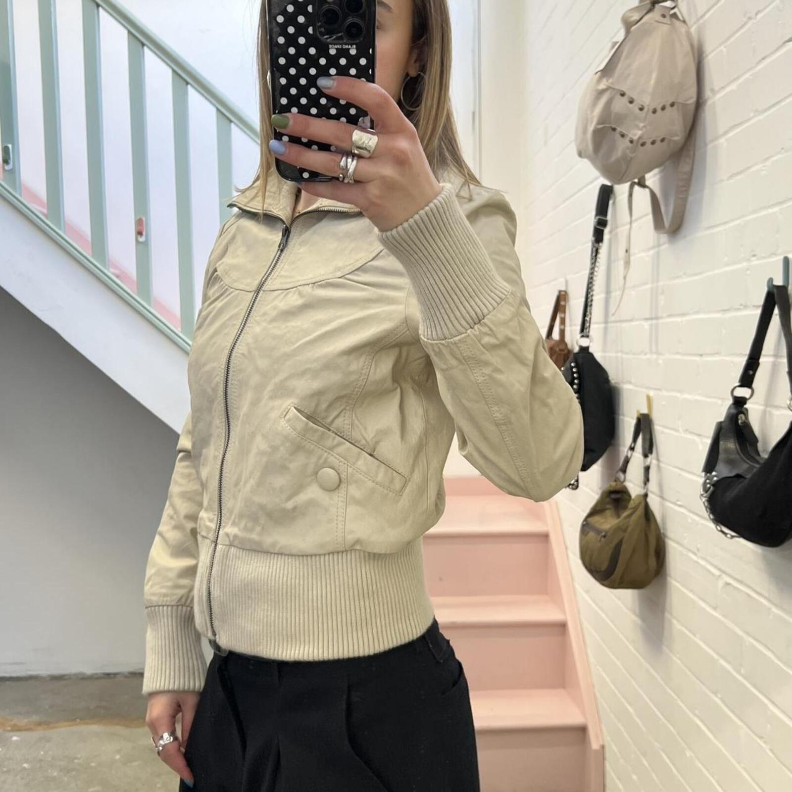 cream suede leather fitted vintage bomber jacket