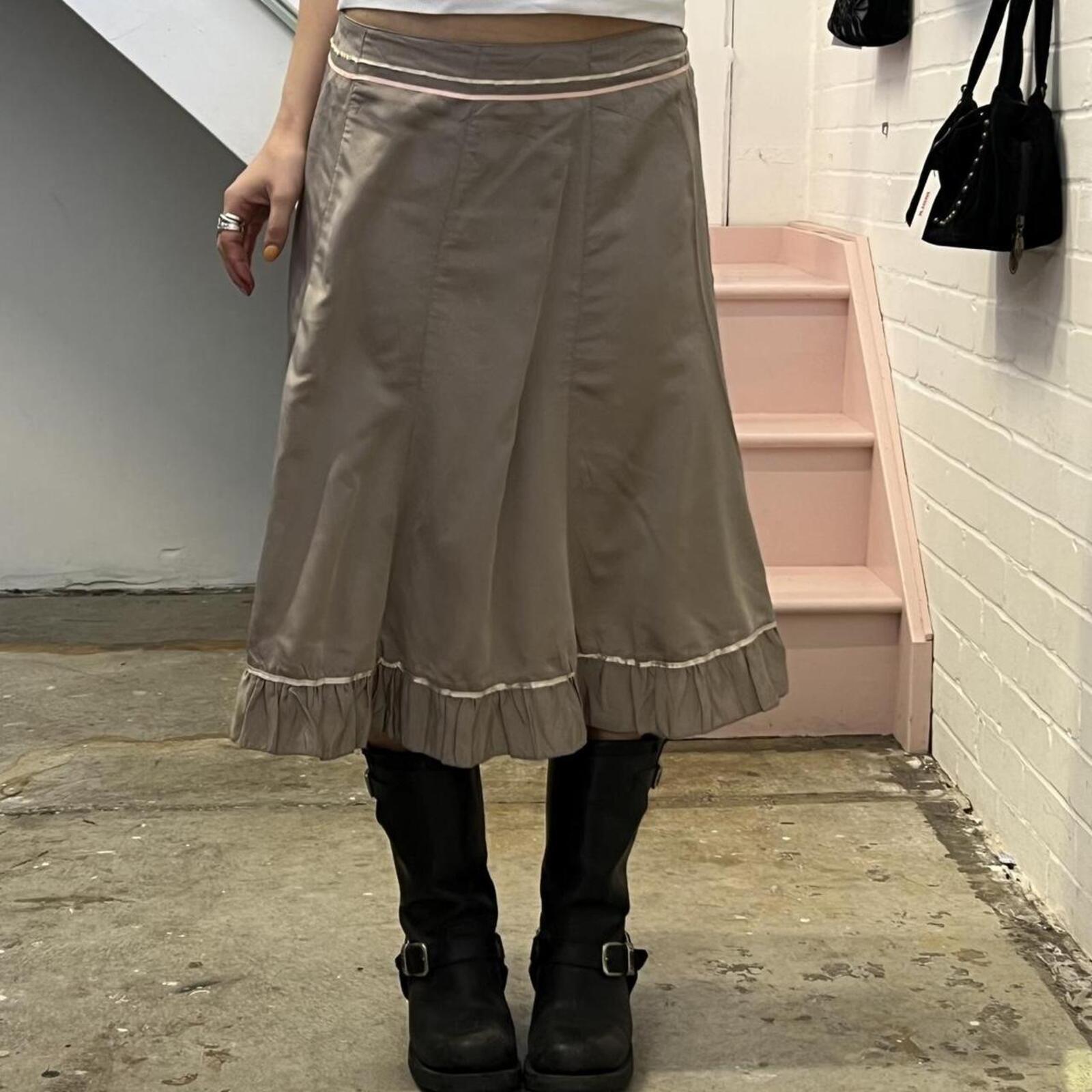 Cream beige satin floaty vintage midi skirt with stripe trim