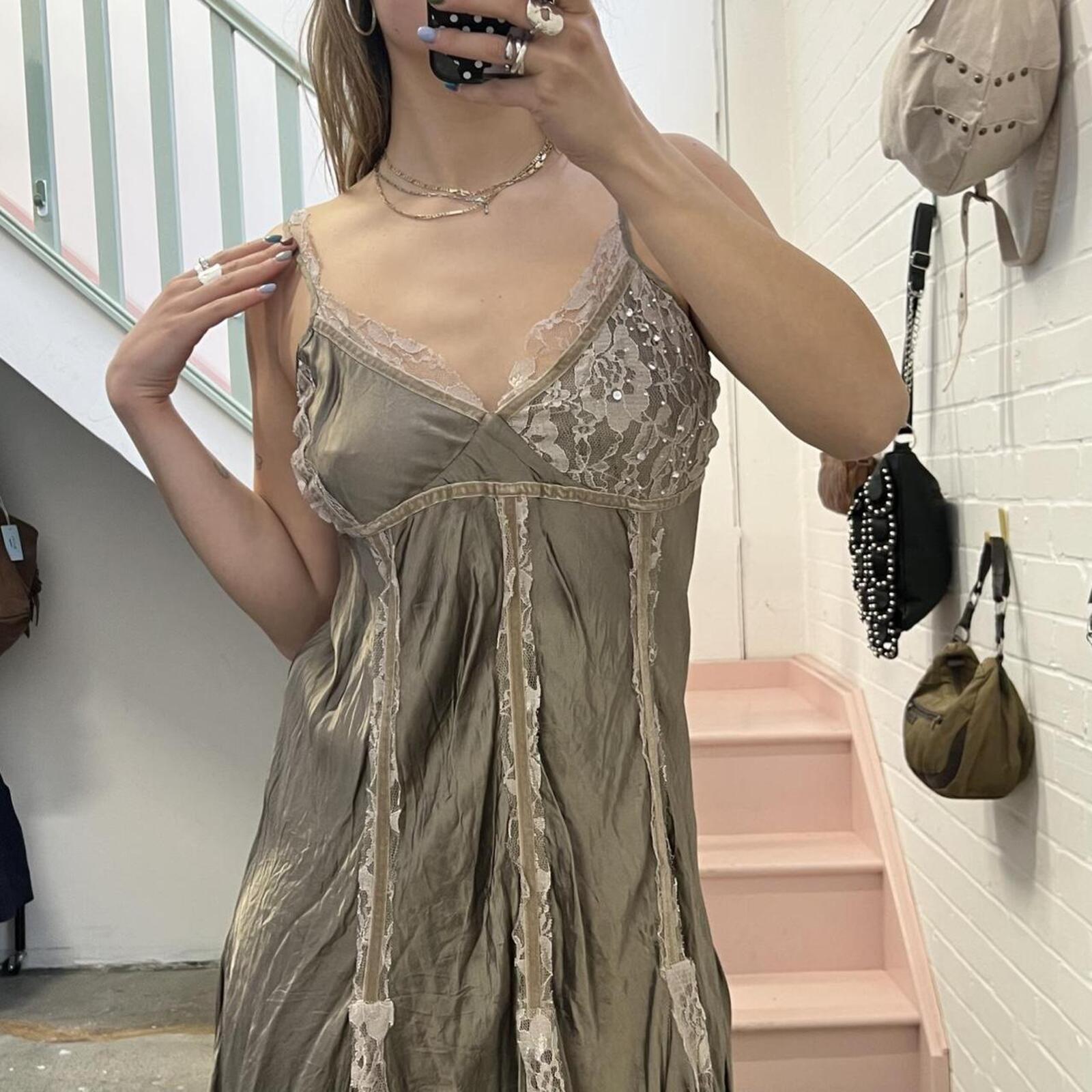 Grey satin floaty flared strappy midi slip dress with lace panels
