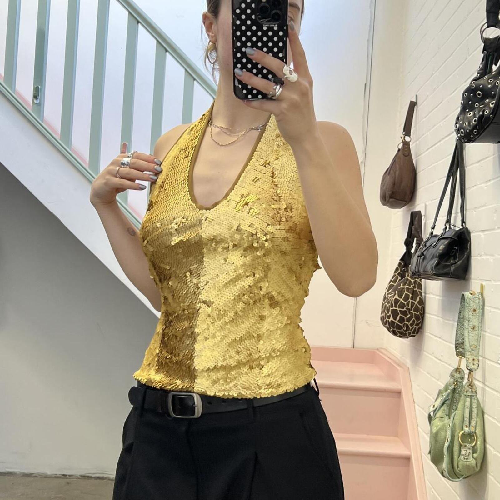 Gold sequin embellished halterneck vest