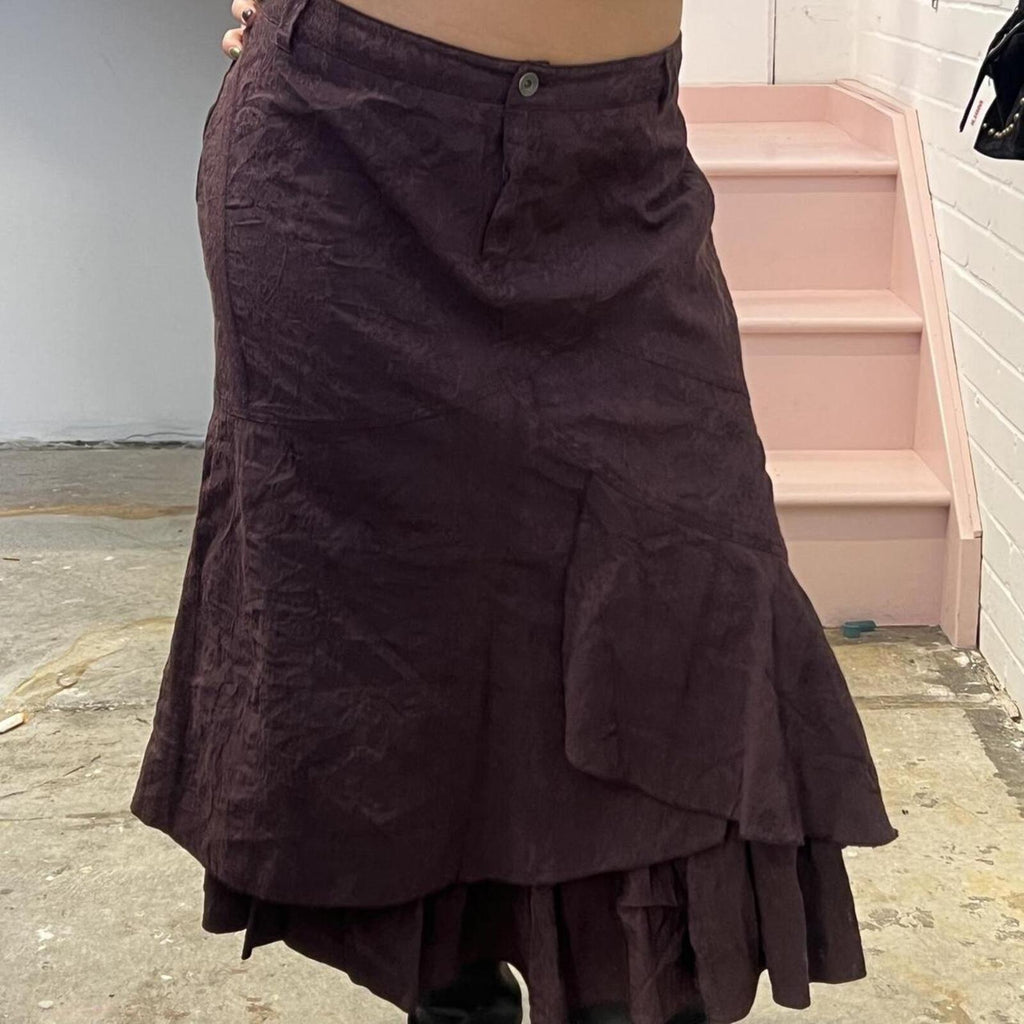 brown layered floaty vintage cargo utility style maxi skirt