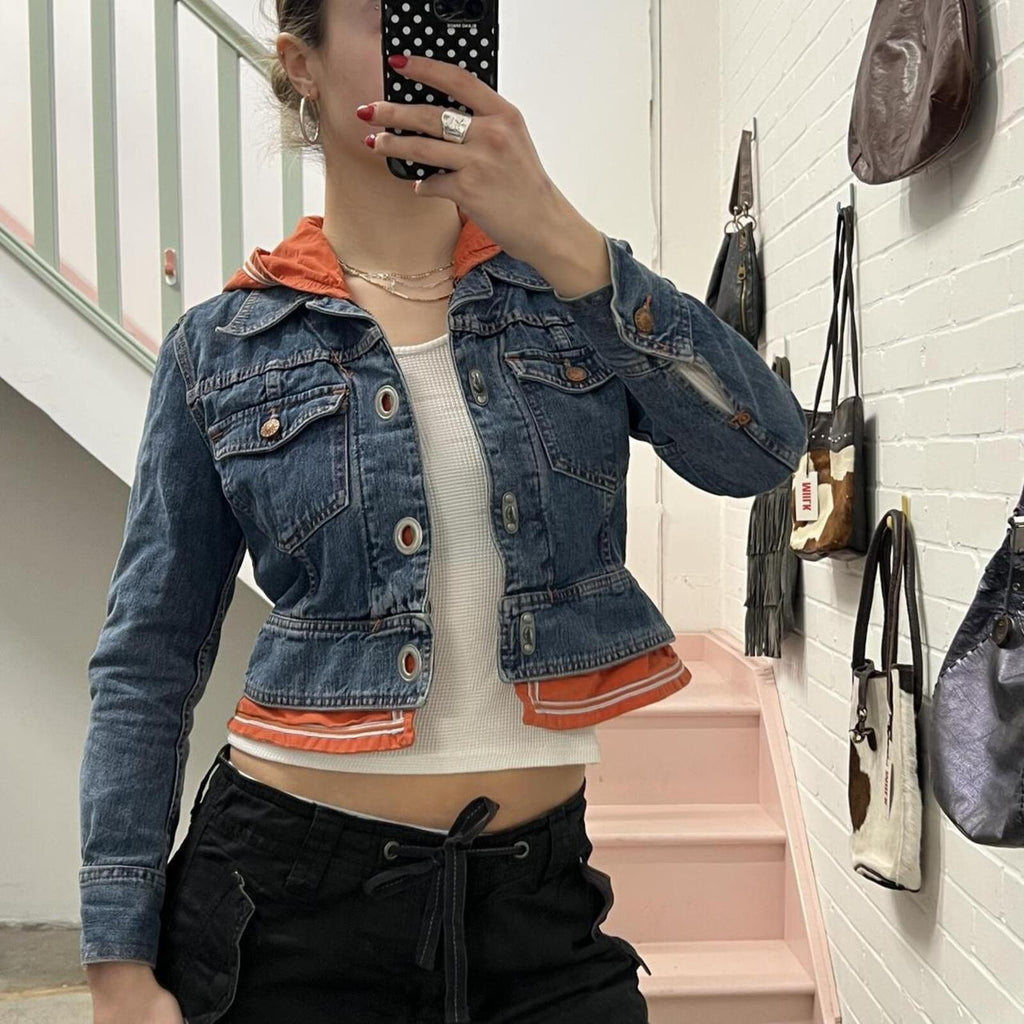 Fiorucci layered vintage denim jacket with orange hoodie layer