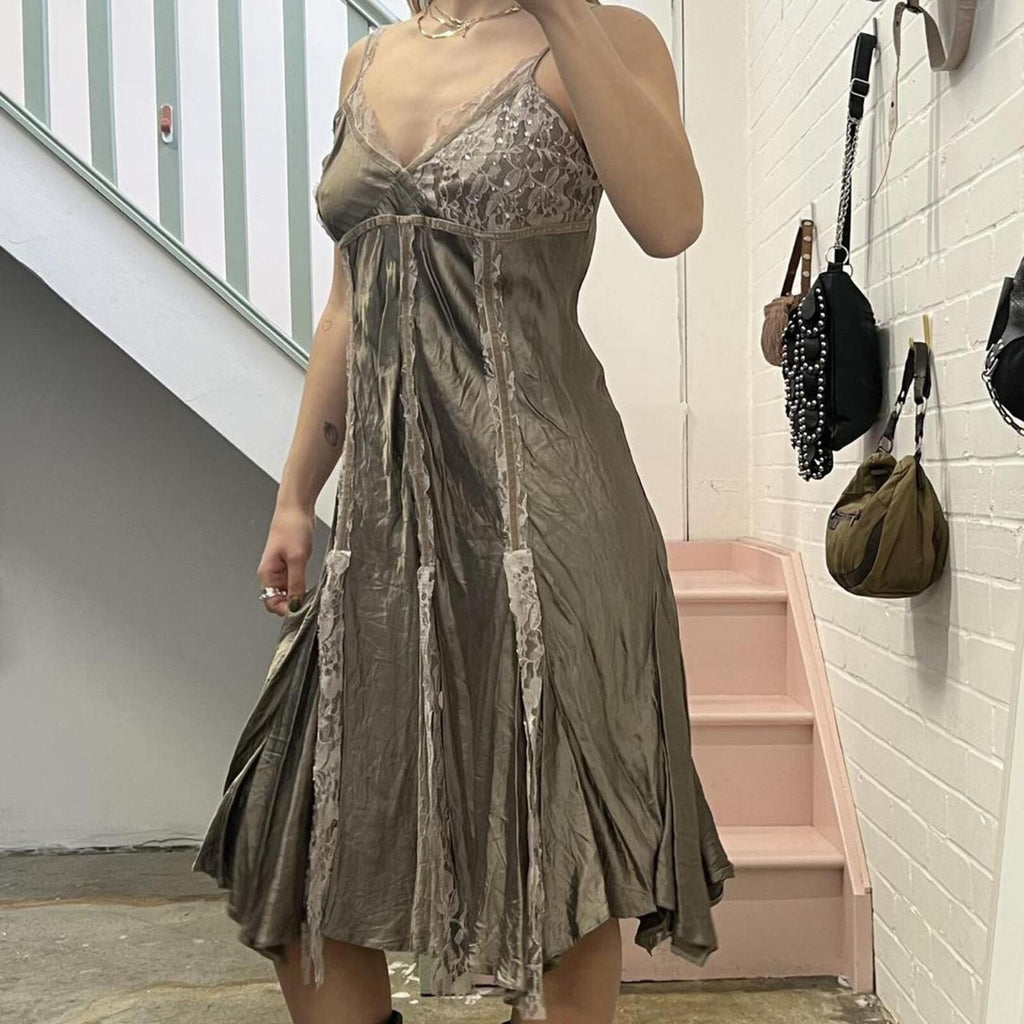 Grey satin floaty flared strappy midi slip dress with lace panels