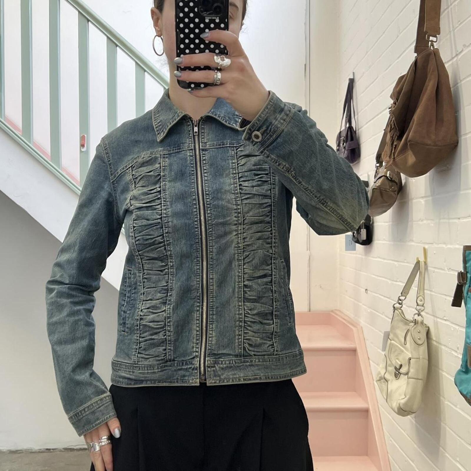 light wash vintage zip up denim jacket with ruching detail