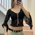 Black sheer lace floaty flared sleeve vintage blouse